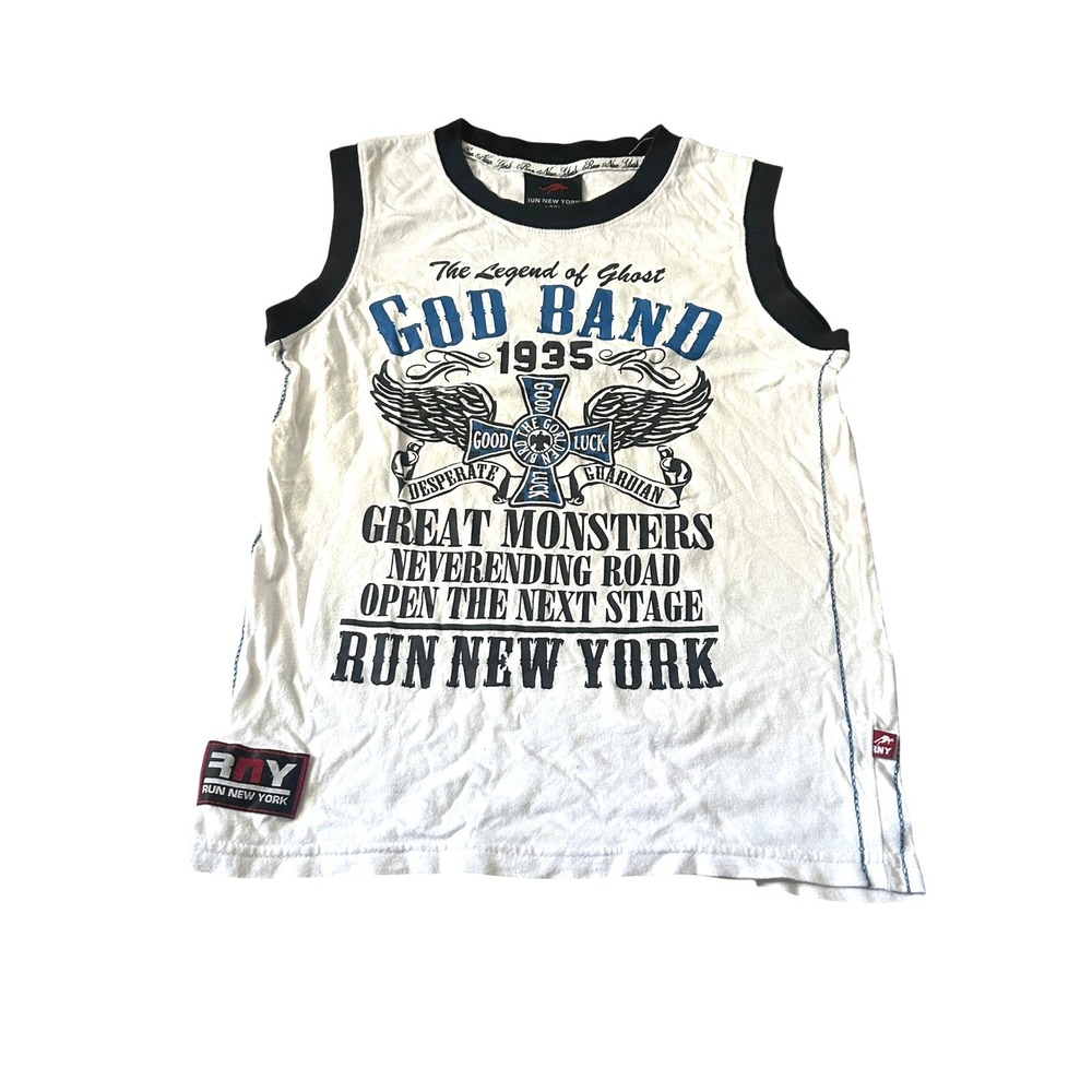 Run New York God Band 1935 Graphic Tank Top White Ringer Sleeveless Tee Size 150